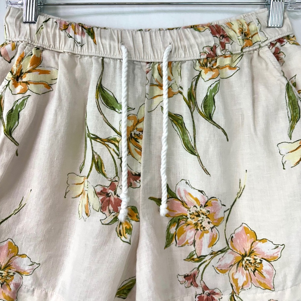 RACHEL ROY 100% Linen Cream Floral Shorts Women's S Elastic Waist Coastal Beach - Picture 2 of 4